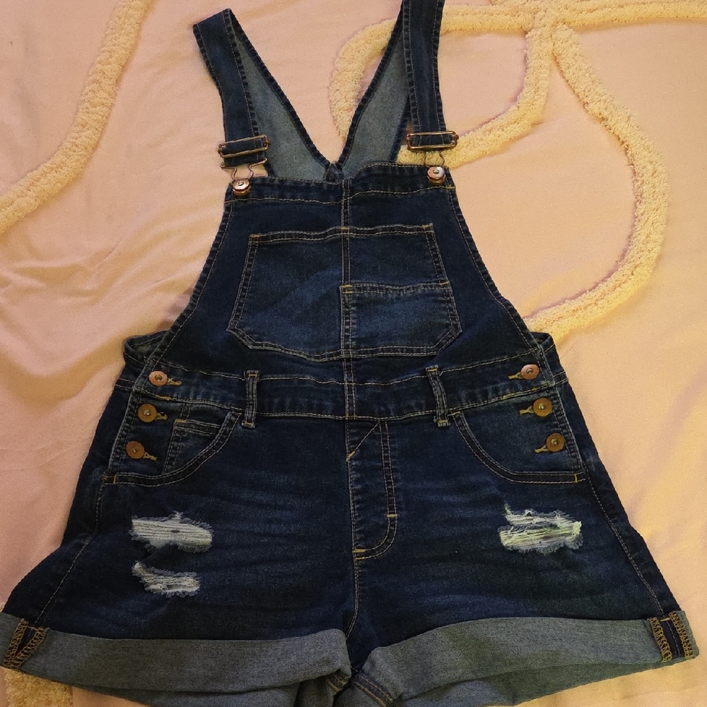 Womens Dark Blue Denim Short Overalls - Classic Casual One-Piece